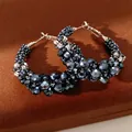 Elegant handmade dark grey faceted glass bead hoop earrings with silver pins for women. - Silver / Large / Blue