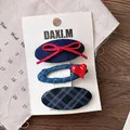Three-piece hair clip set with denim patterns, plaid fabric, and cute red bow details - Denim Plaid Heart Decor (1-3 Snap Clips)