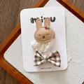 Detail of cute leather bunny and plaid bow hair clips set for girls on a card - Light Brown Rabbit