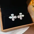 Sweet oil-painting style gradient petal stud earrings with clear crystals - 77# Pale Blue Flower Drop Zirconia Studs