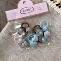 Set de gomas de pelo infantiles con botones de cuadros y corazones en rosa y azul - Corazón Gingham Azul