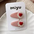 Two-piece set of red and white checkered hair clips with lace flowers and red hearts - 2-Plaid Teardrop