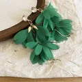 Elegant green mesh petal earrings with crystals and golden tassels on a wooden tray - Green Flower Cluster Tassel Earrings (61#) / Gold Green