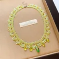 Vintage lime green and gold beaded lace choker necklace with teardrop glass pendants - Green