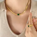 Gold snake chain necklace with green rectangle gemstone and matching ribbed ring set - Green Zirconia Gold Necklace (P1325) / 39+5cm