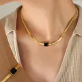 Chic gold flat snake chain necklace set with black gemstone and matching bracelet - Black Zirconia Gold Necklace (P1325) / 39+5cm