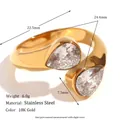 Gold 18K plated stainless steel bypass ring with dual pear-cut cubic zirconia stones - Zircon Double Water Drop Open Ring - Gold