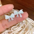 Dainty light blue crushed ice bow stud earrings with sparkling zircon - Style 45# S925 Silver Pin Silver Layered Texture Studs