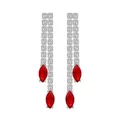 Elegant long dangle earrings featuring marquise red gems and square clear zircons set in silver - Earrings / Platinum Color With Red Zirconia