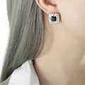 French fashion silver earrings with a black square stone and textured woven design - Steel Black Glass Earrings