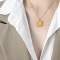French retro gold pendant necklace featuring square white moonstone and twisted rope border - Gold White Cat's Eye Necklace-40+5cm