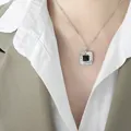 French style hammered silver necklace with a square black stone pendant for women - Steel Black Glass Necklace-40+5cm