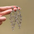 Macro detail of elegant silver needle drop earrings with sparkling rhinestones and long tassels. - Silver