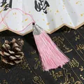 Pink silk tassel with silver flower cap and black bead for DIY bookmark or fan - Cap Dia 2cm, 4mm Bead, Tassel Approx 8cm, 1 Piece/Pack / Pink