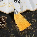 Traditional Chinese yellow silk tassel pendant with silver carved cap and black bead decoration - Cap Dia 2cm, 4mm Bead, Tassel Approx 8cm, 1 Piece/Pack / Gold Yellow