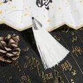 White silk tassel with vintage silver metal cap and black bead for DIY jewelry making - Cap Dia 2cm, 4mm Bead, Tassel Approx 8cm, 1 Piece/Pack / White