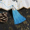 Sky blue tassel pendant with silver hollow metal cap for DIY bookmark decoration - Cap Dia 2cm, 4mm Bead, Tassel Approx 8cm, 1 Piece/Pack / Lake Blue