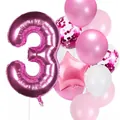 Rose red number 3 foil balloon set with pink star and confetti latex balloons - Number 3