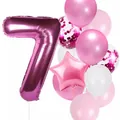 Rose red number 7 foil balloon set with pink confetti and star balloons for 7th birthday - Number 7