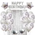 Silver Happy Birthday balloon set with fringe curtain, star and heart foil decorations - Silver Birthday Set / Silver