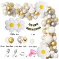 Daisy balloon arch kit with white, gold balloons and Happy Birthday banner for party decor - Daisy Balloon Arch Kit