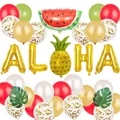 Σετ μπαλόνια Hawaii Aloha με ανανά καρπούζι και διακοσμήσεις τροπικών φύλλων φοίνικα - Συνδυασμός Γραμμάτων Aloha / Μπαλόνια Καρπούζι και Ανανά / Τεχνητά Φύλλα