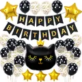 Décoration d'anniversaire chat couronne avec étoiles dorées et ballons confettis - Ensemble Chat à Couronne Noire