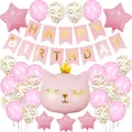Kit ballons anniversaire chat rose avec bannière dorée et décorations festives - Ensemble Chat à Couronne Rose