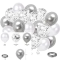 50pcs set with 12 inch matte white, metallic silver and silver confetti balloons - Silver Style
