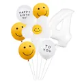 Detail of white number 4 balloon and smiling daisy balloon for kids birthday party decoration - Daisy Number 4 Style