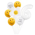 Détail du kit 6ème anniversaire avec marguerite, ballon chiffre 6 et sourires jaunes - Style Marguerite Numéro 6