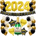 2024 Neujahr Ballon-Set mit Goldzahlen, Champagnerflasche und schwarz-goldenen Banner - Gold Thema