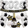 2024 Happy New Year Ballon-Set mit Silberzahlen, Sternenfolie und Champagnerflasche - Silber Thema