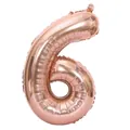 Detail of rose gold number 6 foil balloon showing glossy metallic surface and hanging tab - Number 6