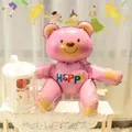 3D pink teddy bear foil balloon with Happy rainbow text for kids birthday party decor - Pink