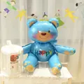 3D standing blue teddy bear foil balloon with Happy text for kids birthday party - Blue