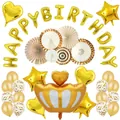 Set festa di compleanno oro con palloncino a corona, lettere e ventagli decorativi - Set corona dorato