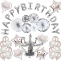 Set festa compleanno argento con palloncino corona, ventagli di carta e palloncini - Set corona argento