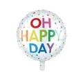 Colorful confetti dots birthday foil balloon with OH HAPPY DAY text for party decoration - Printed Round Balloon (OH HAPPY DAY)