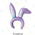 Detail of purple rabbit ear foil balloon headband with white star patterns and dimensions - Purple Floppy Ear Rabbit