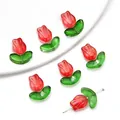 Red tulip-shaped glass bead with gold glitter for DIY jewelry making and handmade crafts - Red Tulip and Green Leaf (Set of 10)