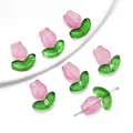 Pink and green tulip glass beads for DIY jewelry making with polished gradient finish - Rose Red Tulip and Green Leaf (Set of 1)