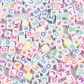 White acrylic cube letter beads with colorful printed alphabet for DIY jewelry crafting - Alphabet Beads / 6x6mm Hole 4mm 100 Pieces/Pack / White With Neon Letters