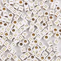 Detailed view of white acrylic cube alphabet beads with gold engraved letters for DIY crafts - Alphabet Beads / 6x6mm Hole 4mm 100 Pieces/Pack / White with Gold Print