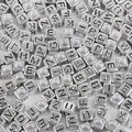 DIY silver-finish acrylic cube beads with black alphabet letters for jewelry making - Alphabet Beads / 6x6mm Hole 4mm 100 Pieces/Pack / Antique Silver Letter Beads