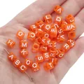Square orange acrylic alphabet beads for DIY jewelry making with white capital letters - Alphabet Beads / 6x6mm Hole 4mm 100 Pieces/Pack / Transparent Orange-Red with White Letters
