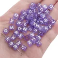 Translucent purple acrylic alphabet beads in square shape for DIY jewelry making - Alphabet Beads / 6x6mm Hole 4mm 100 Pieces/Pack / Transparent Purple with White Letters