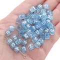 Light blue transparent acrylic square letter beads with white engraving for DIY jewelry - Alphabet Beads / 6x6mm Hole 4mm 100 Pieces/Pack / Transparent Blue with White Letters