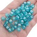 Handcrafted DIY blue transparent acrylic letter beads with white capital A-Z alphabets - Alphabet Beads / 6x6mm Hole 4mm 100 Pieces/Pack / Transparent Lake Blue With White Letters
