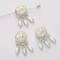 Ciondolo a fiore in argento con smalto viola e foglie per gioielli fai da te - 1 Pezzo (10x21mm)